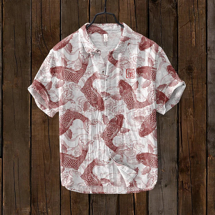 Vintage Vis Japanse Kunst Linnen Blend Shirt
