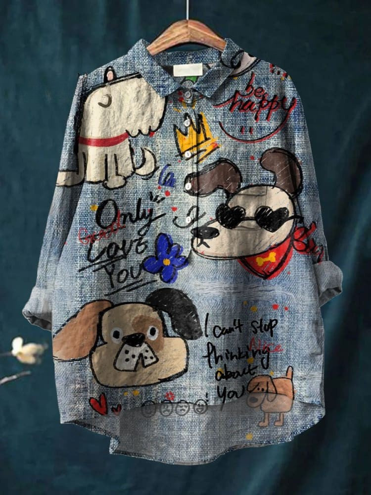 Schatige Hunde Kunstdruck Casual Leinen Shirt