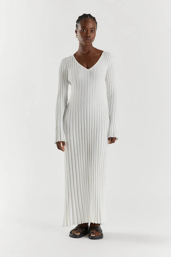 V - Neck Sleeved Knit Midi Dress