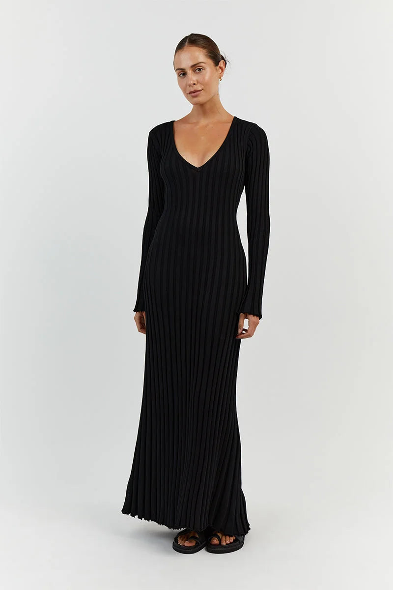 V - Neck Sleeved Knit Midi Dress