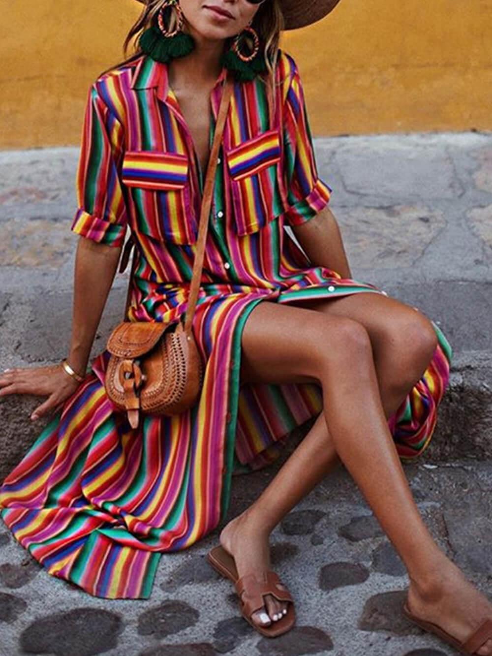 Casual striped shirt and long skirt with elegant print