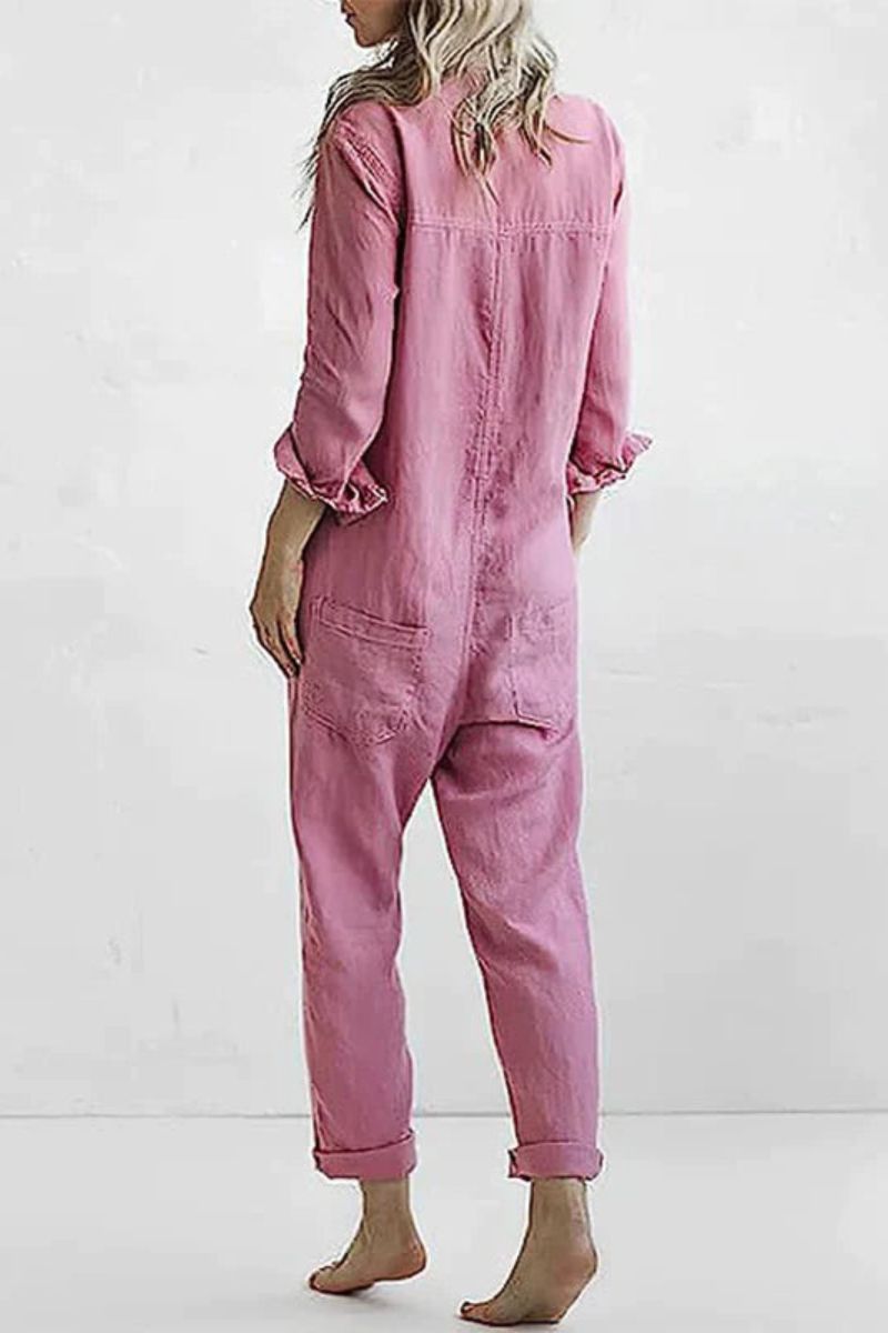 Audrey Casual Langærmet Button Up Jumpsuit | Flatterende pasform med brystlomme | Perfekt til både afslappede og elegante lejligheder