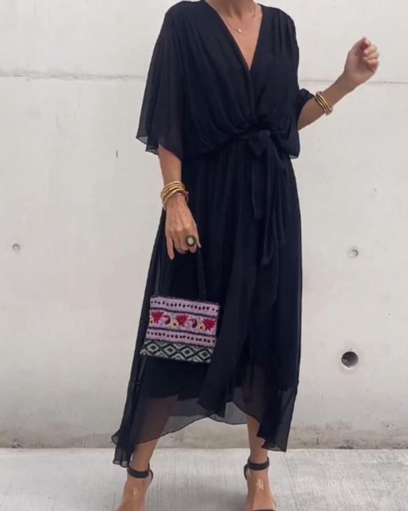 Robe Femme Cristi – Élégante Robe Portefeuille avec Manches Chauve-Souris & Ourlet Asymétrique