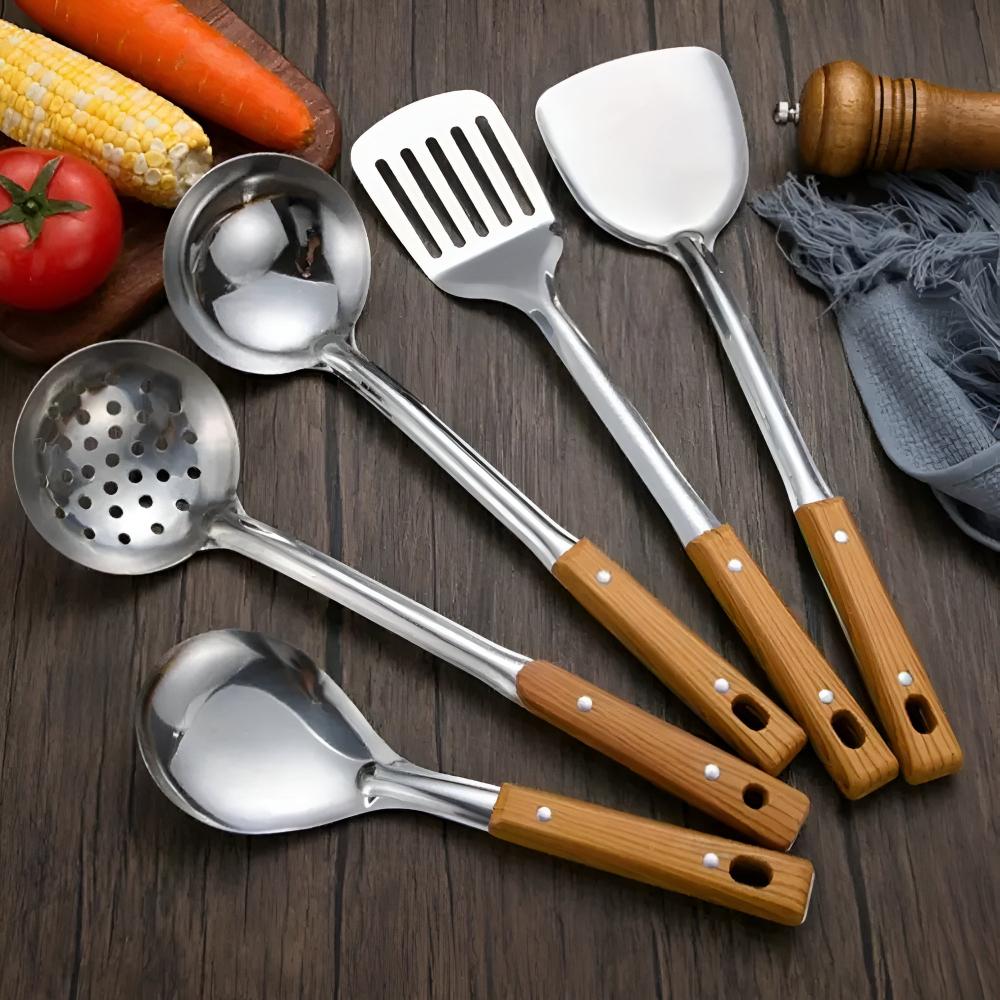 Culinor - RVS Keukenhulpen Set Met Houten Handvat 5 Delig