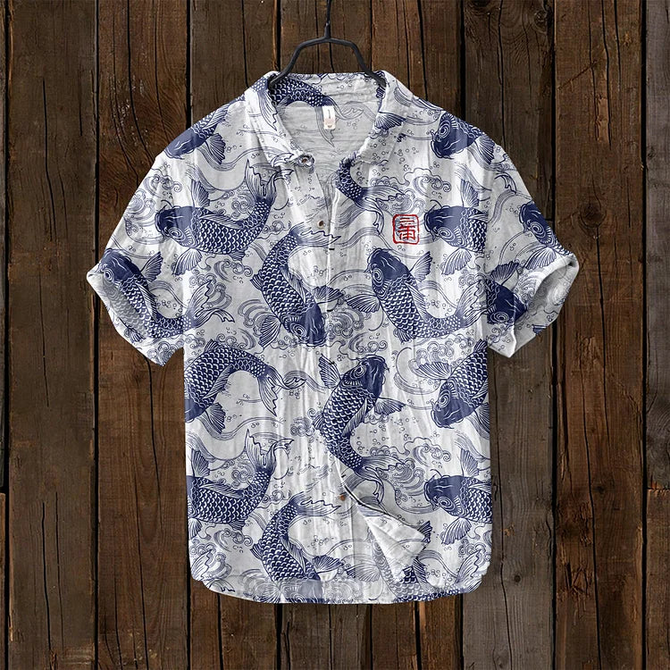 Vintage Vis Japanse Art Linnen Blend Shirt