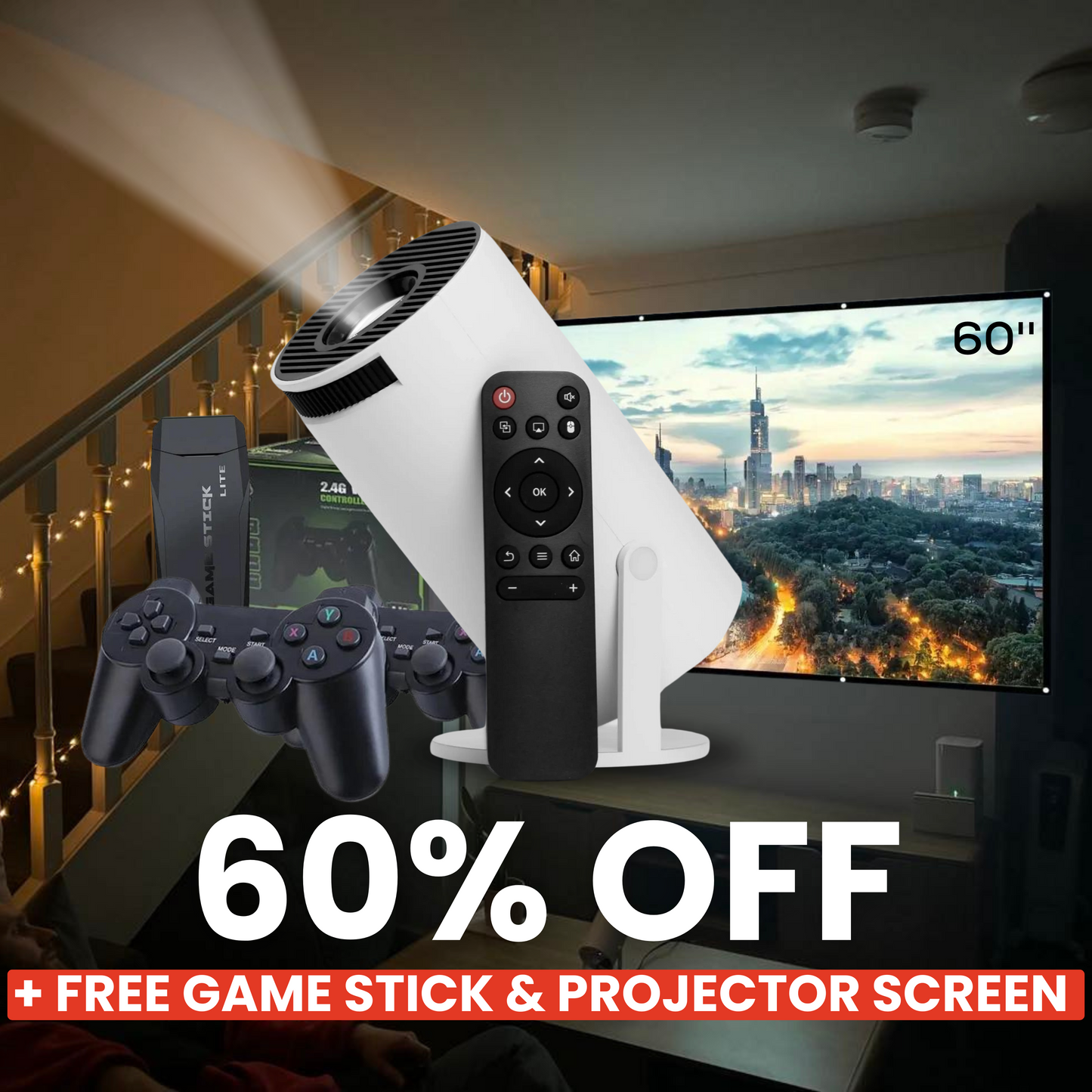 4K Smart Projector + FREE Game Stick Projector Screen