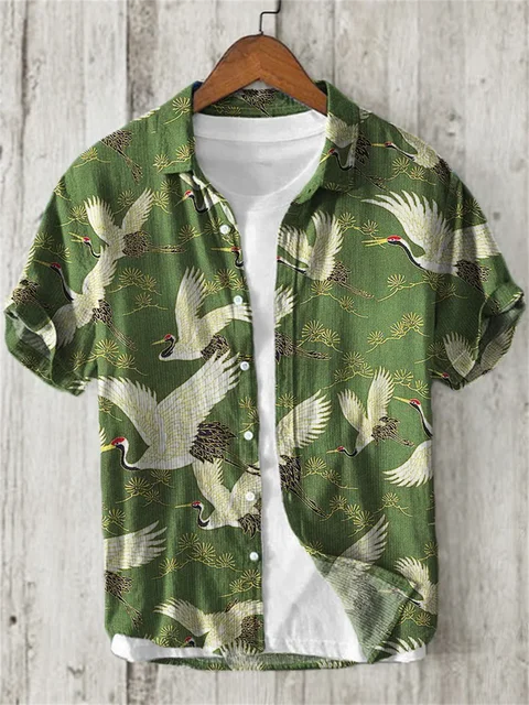 Vintage Zwanen Japanse Kunst Linnen Blend Shirt