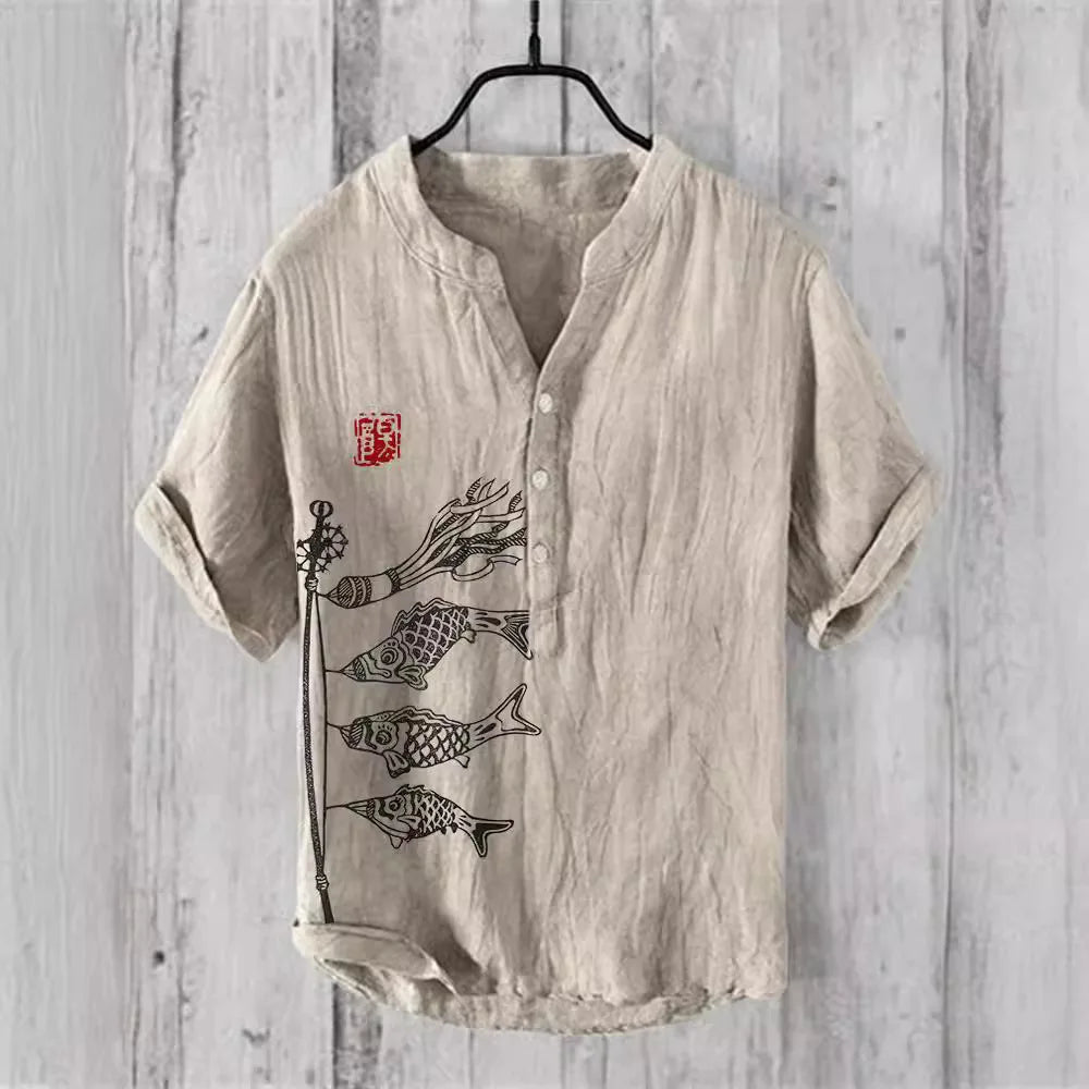 Vintage Vissen Japanse Kunst Linnen Blend Shirt