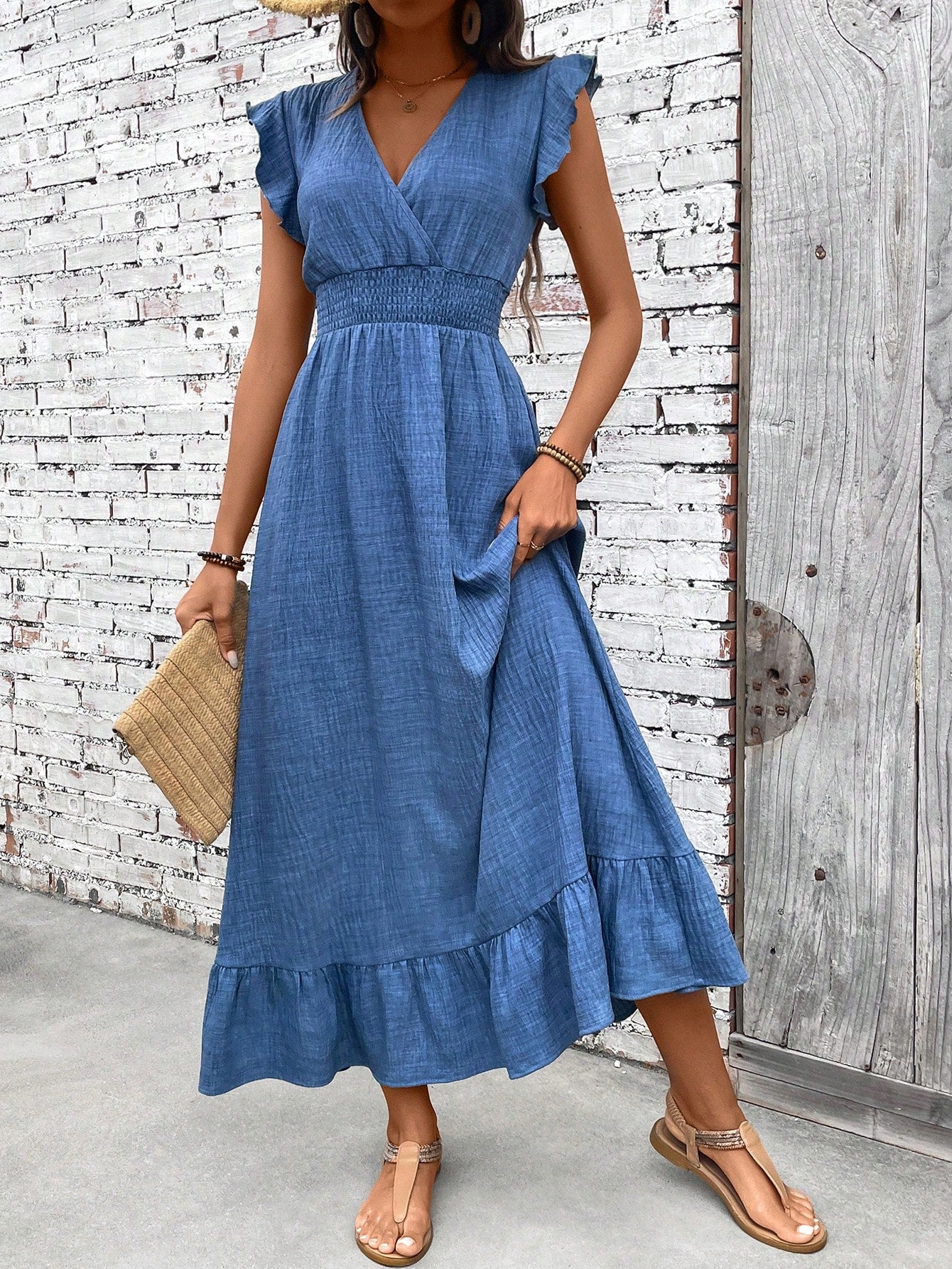 Women's V-Neck Smocked Waist Ruffle Hem Maxi Dress