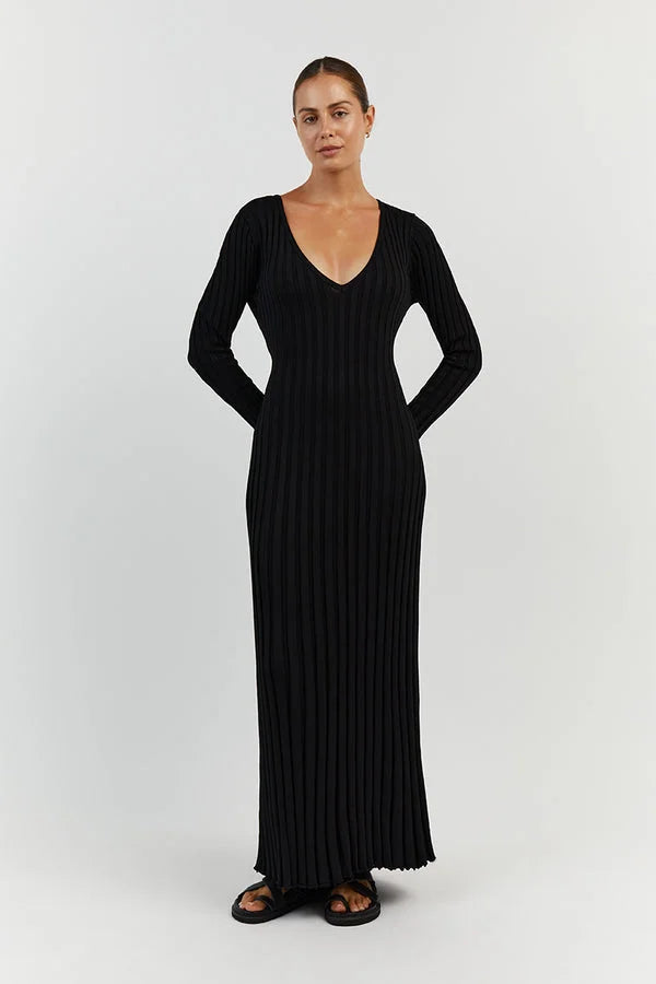 V - Neck Sleeved Knit Midi Dress