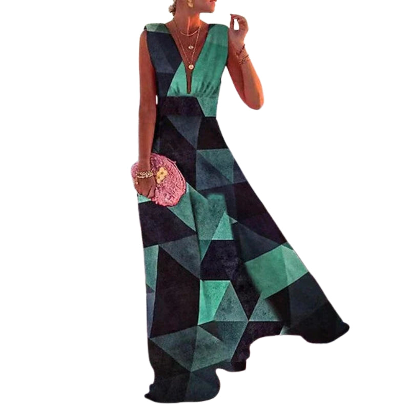 Robe longue sans manches à col V avec jupe fluide
