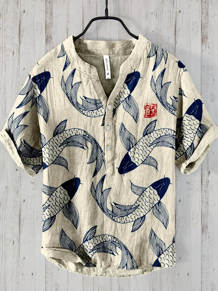 Vintage Vis Japanse Art Linnen Blend Shirt