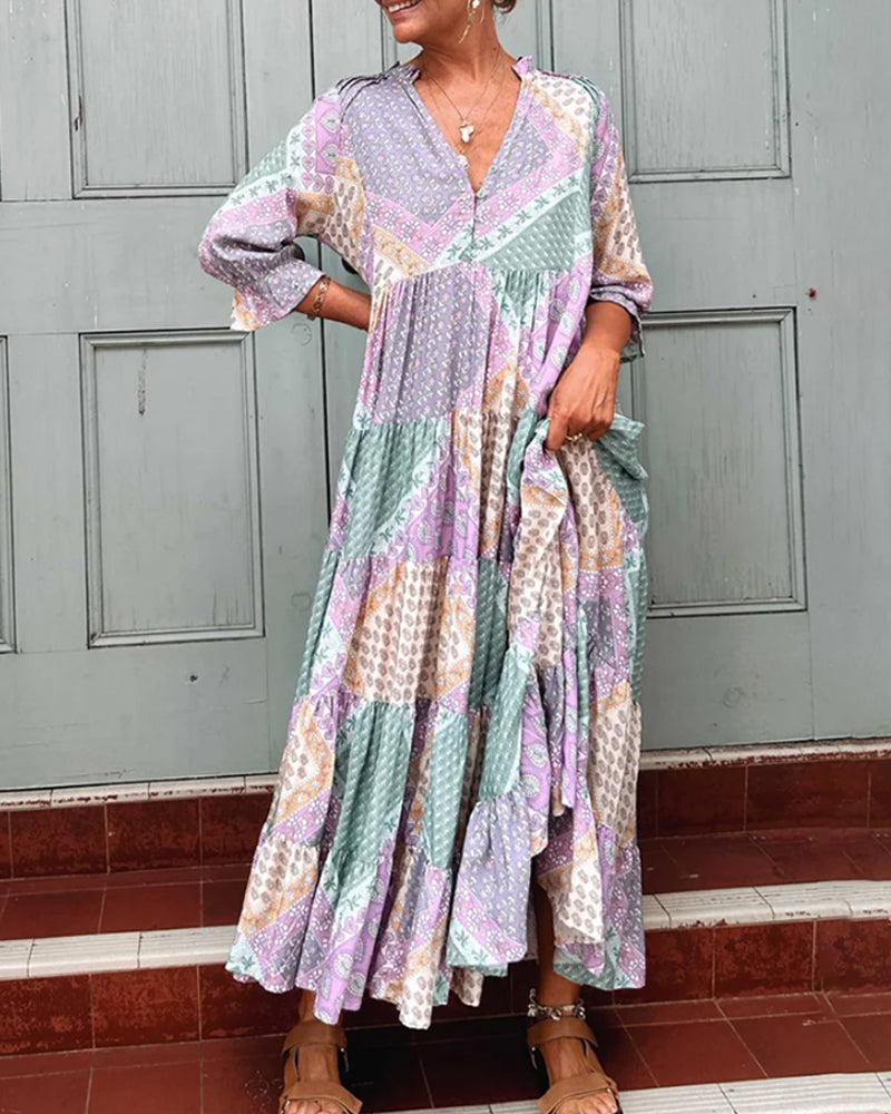 Robe Femme Maxi Imprimé Patchwork Coupe Ample Col V Manches 3/4