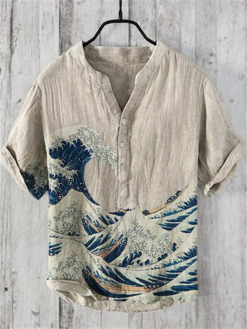 Vintage Golven Japanse Kunst Linnen Blend Shirt