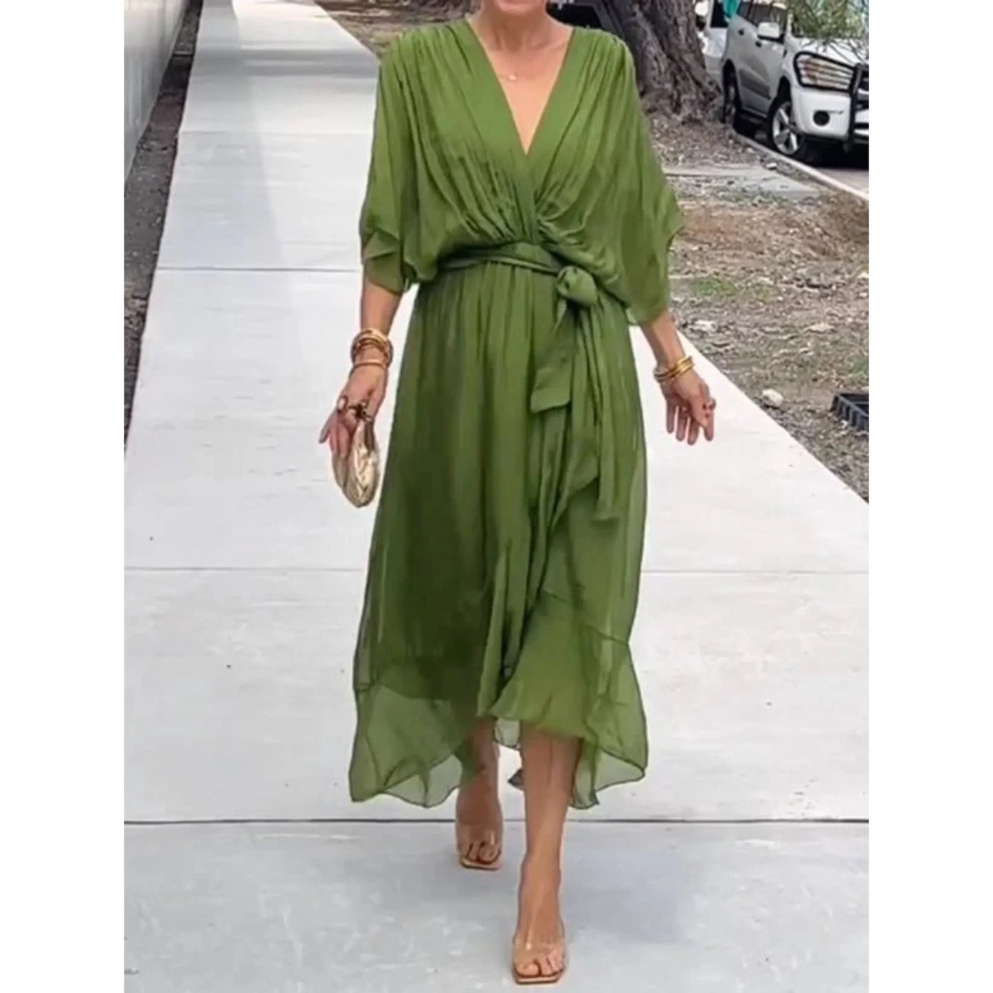 Amelie | Minimal Flowing V Neck Midi Dress