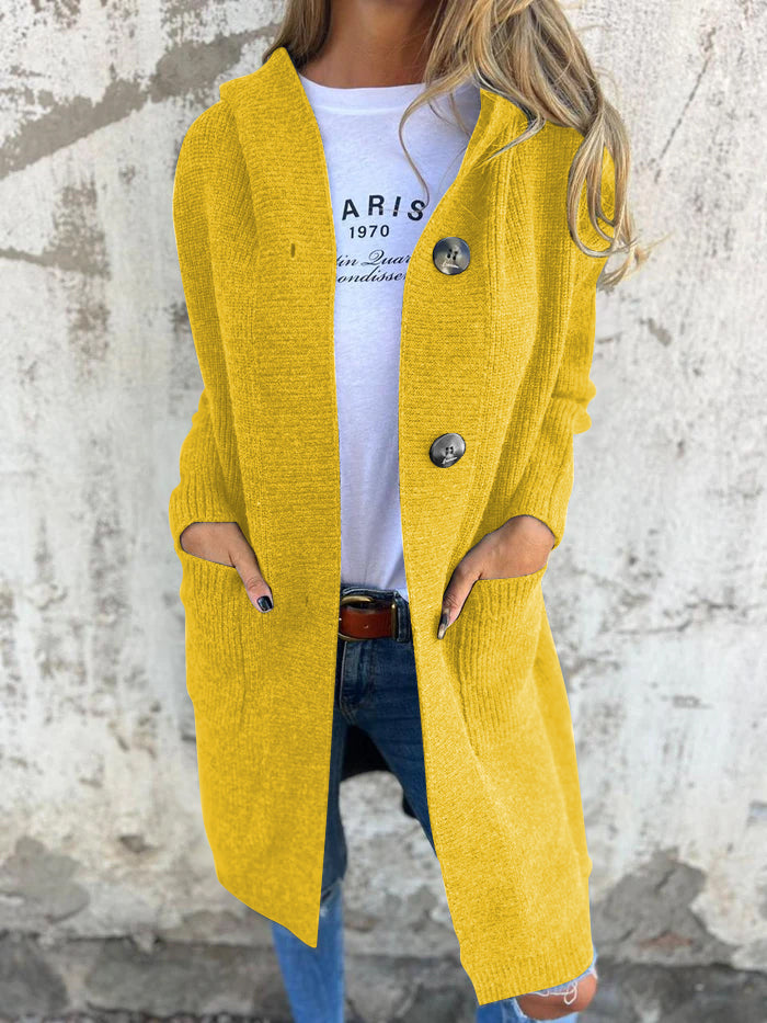 Mirela – Damen Langer Cardigan Mit Knöpfen Und Kapuze