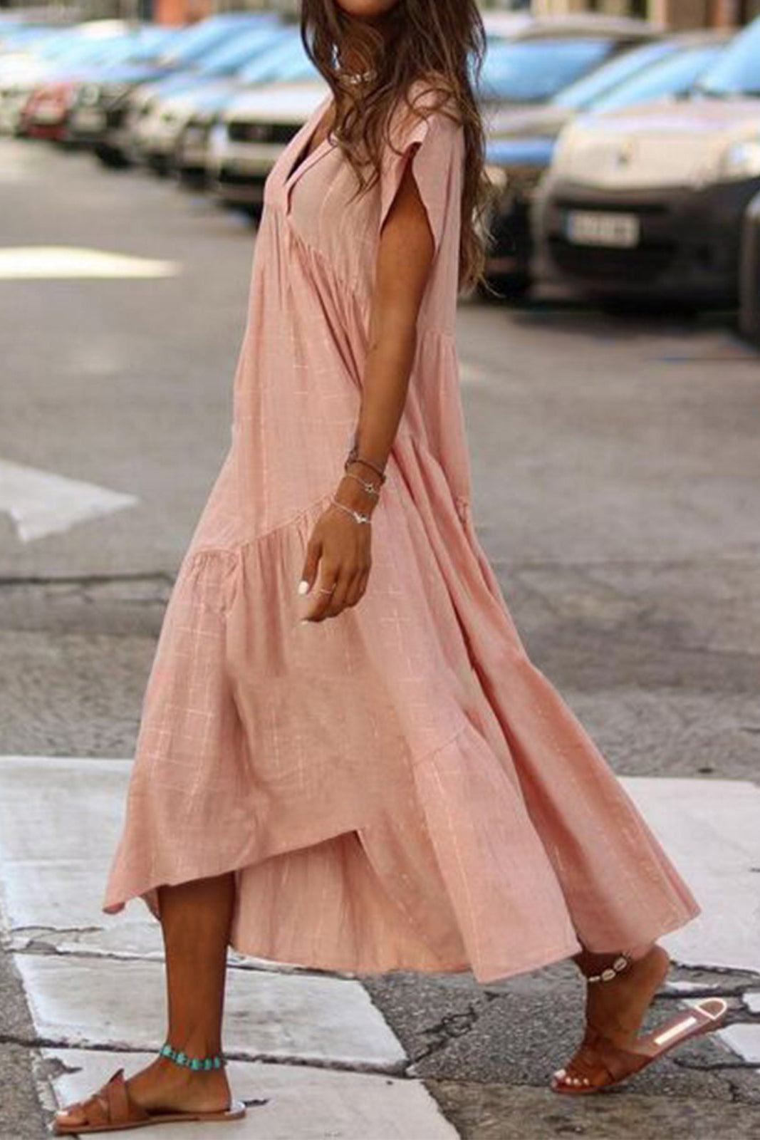 Women's V-Neck Tiered Midi Dress with Flutter Sleeves