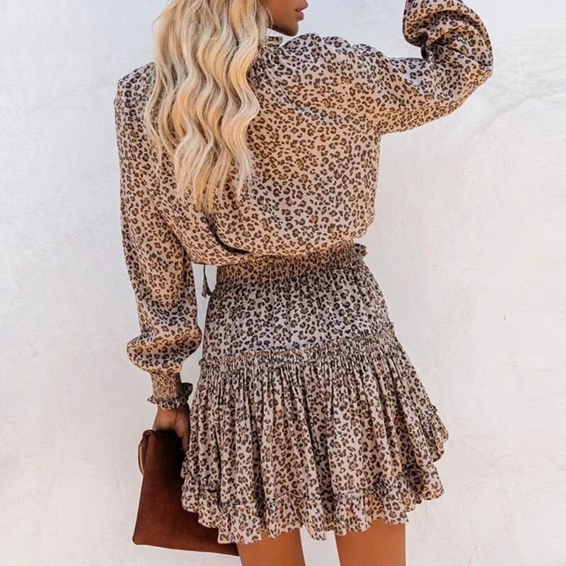 Leopard Print Cotton Mini Dress with Smocked Waist and Long Sleeves for Spring