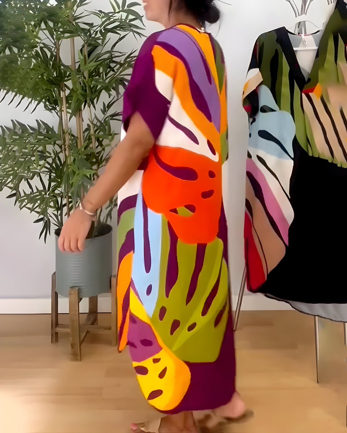 Robe Femme Imprimé Feuillage Coupe Ample Col V Style Décontracté