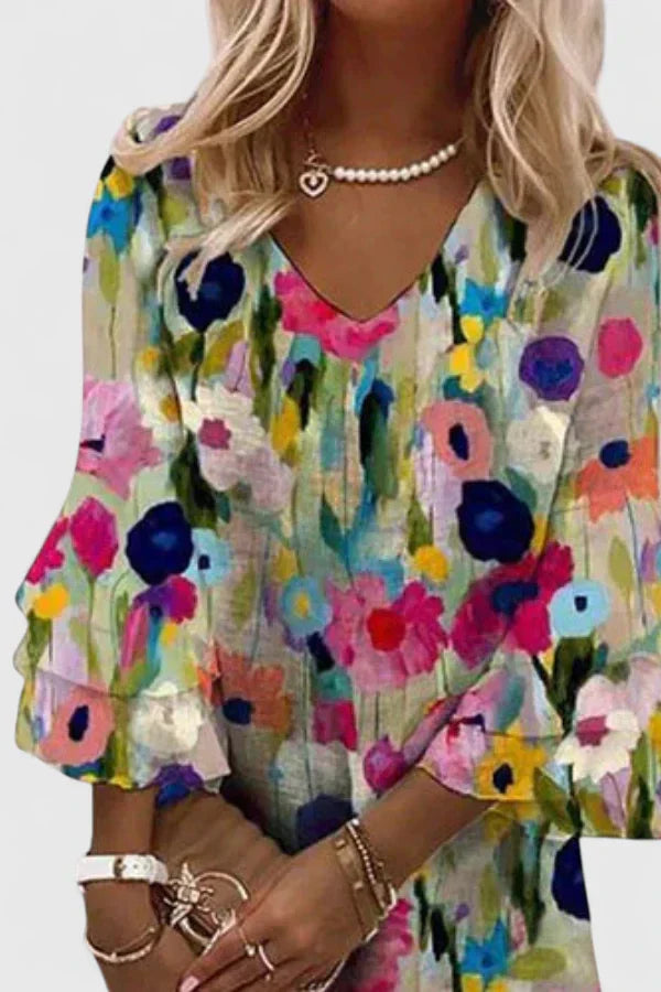 Elegantes Mini-Kleid für Damen mit romantischem Blumenprint und V-Ausschnitt