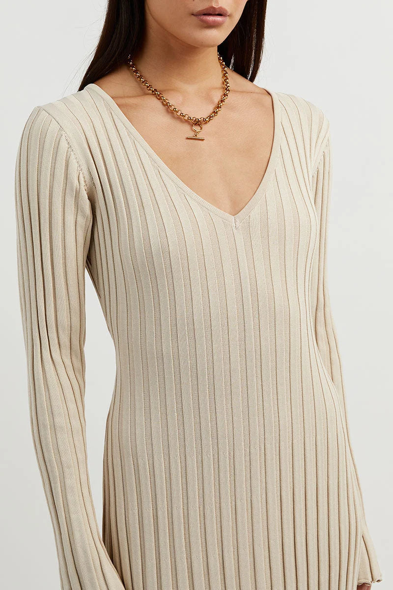 V - Neck Sleeved Knit Midi Dress