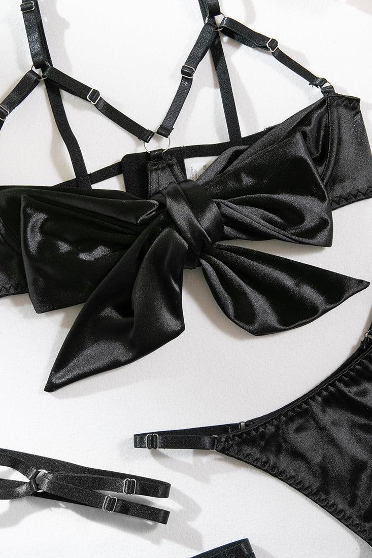 Black Satin Bow Strappy Bra Thong Garter 3Pc Sexy Lingerie Set