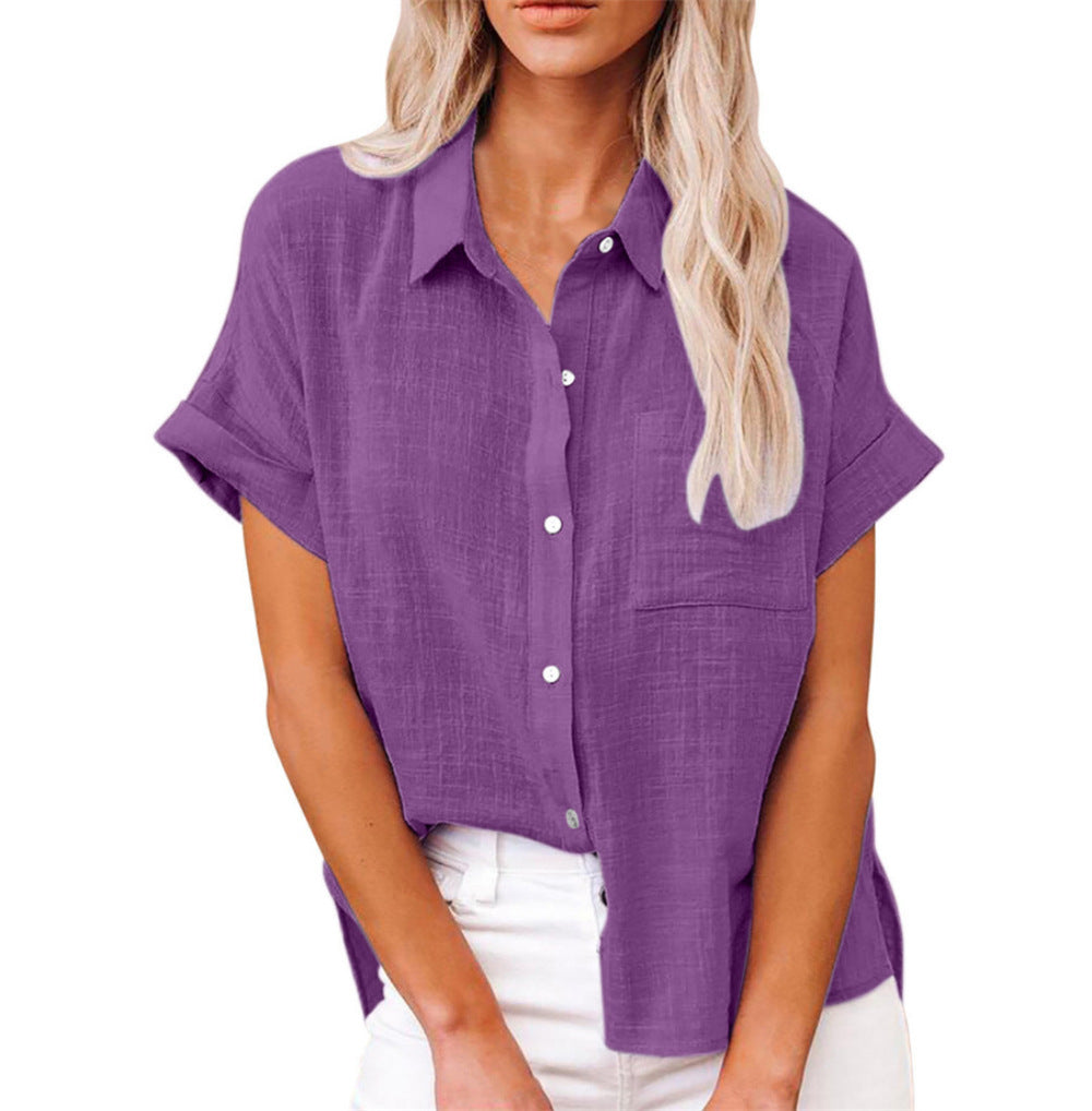 Women’s Relaxed Button Front Short Sleeve Blouse Top