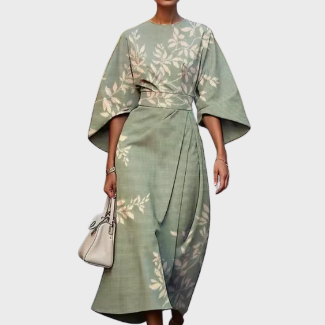 Reina - Vestido Midi Floral com Cintura Marcada