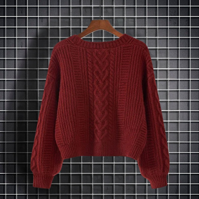 Carys – Long Sleeve Cable Pattern Sweater with V Neck