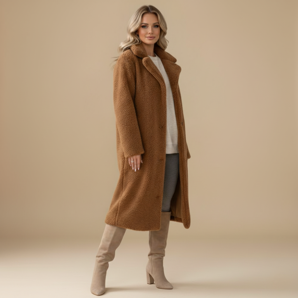 Angel Manteau Teddy Long Femme – Coupe Oversize Douce avec Col Revers & Fermeture Boutonnée