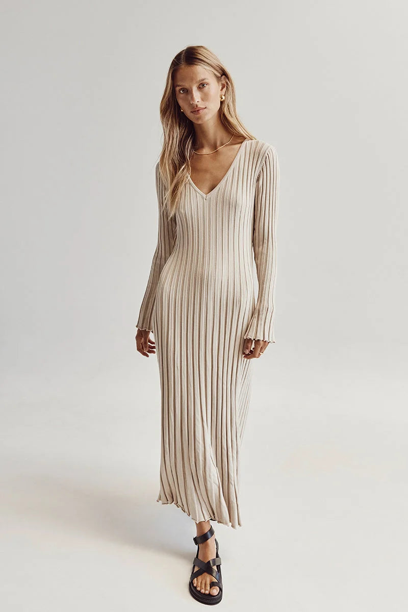 V - Neck Sleeved Knit Midi Dress