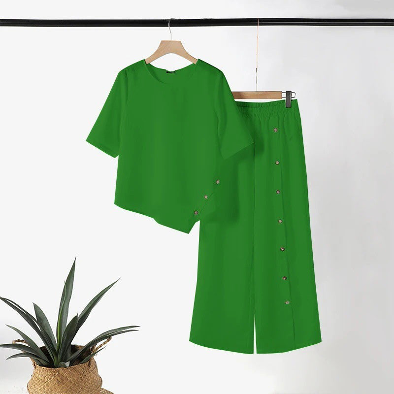 Caliora | Tweedelige set voor dames – Outfit met asymmetrische top en broek met wijde pijpen