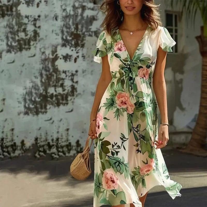 Josefa - Green Floral Midi Floral Dress In Green