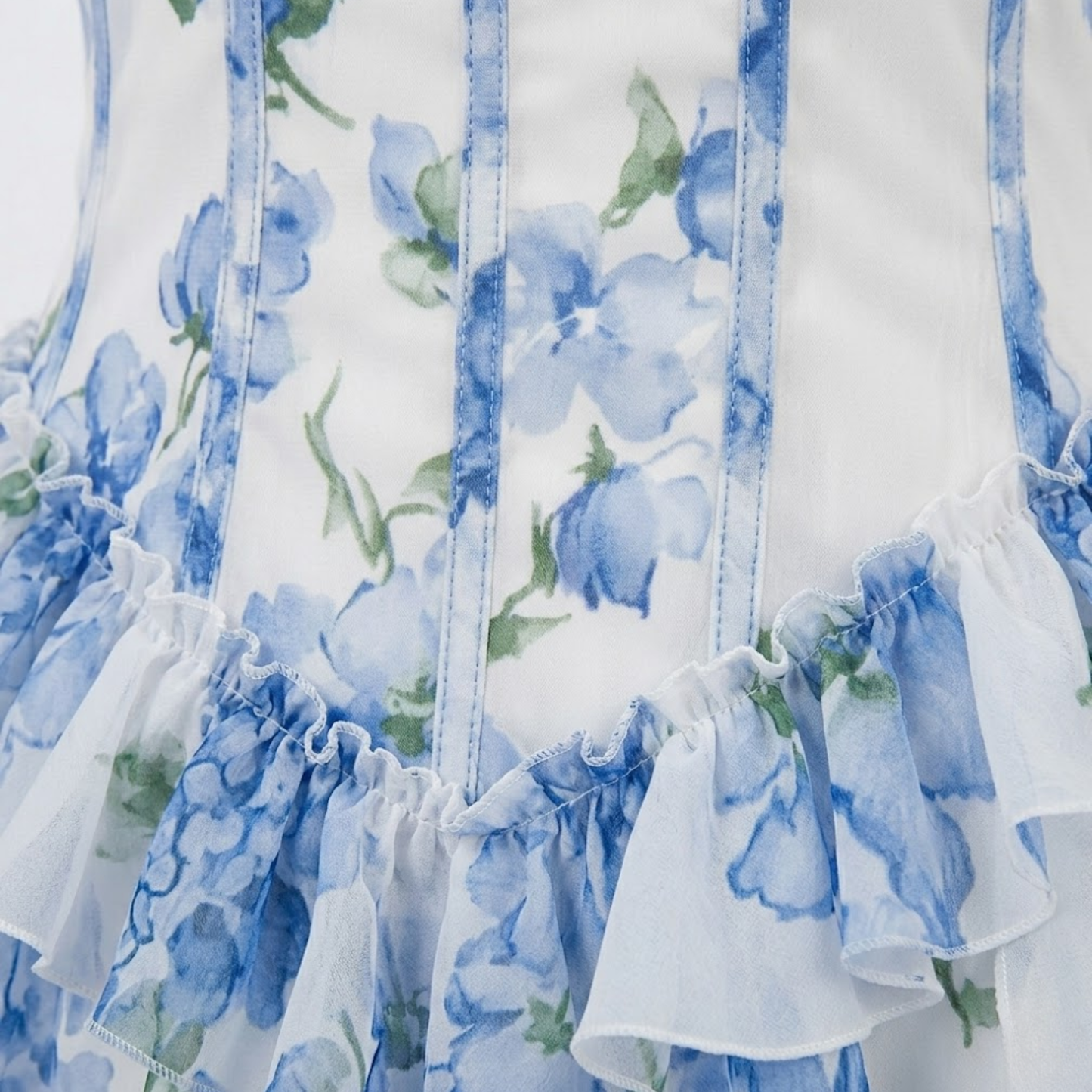 Robe Longue Fleurie à Volants avec Bustier Corset et Fines Bretelles