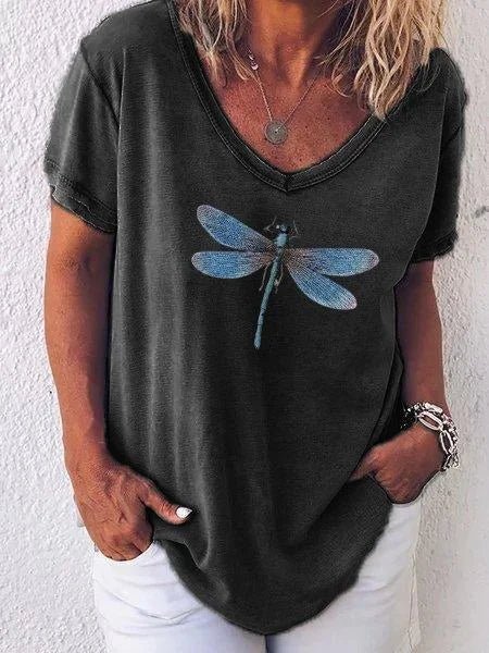 Women's Dragonfly Print V-Neck Short Sleeve Casual Tee