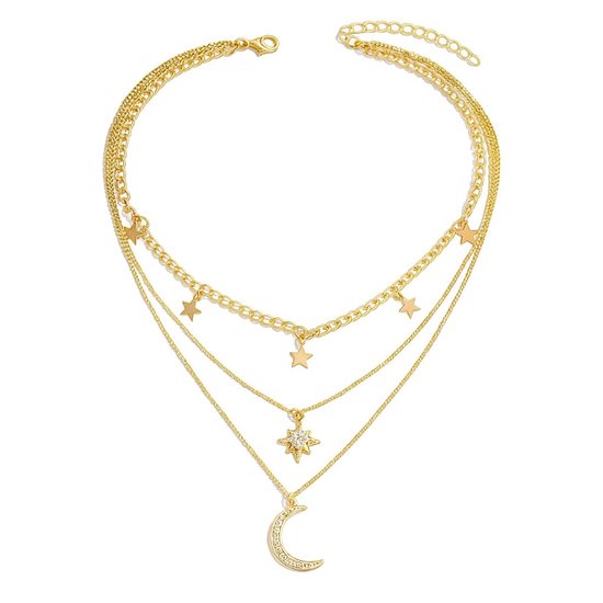 8721381451398 Dames Ketting – Gelaagd Design – Goudkleurig – Met Sterretjes, Maanhanger en Strassdetails