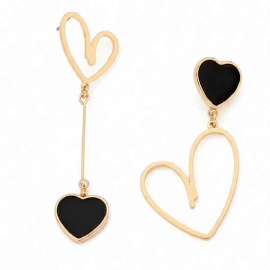 Goudkleurige oorhangers oorbellen met zwart hart design voor dames – asymmetrische statement oorbellen