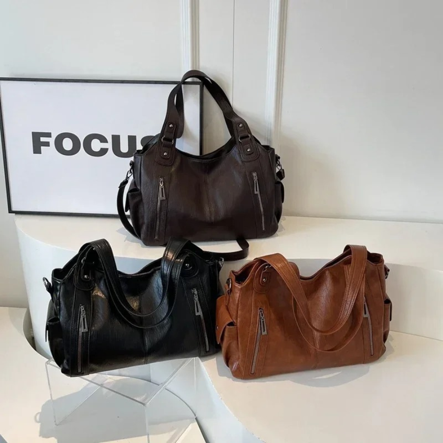 Leather Tote Bag Large Shoulder Handbag Zip Pocket Everyday Spring