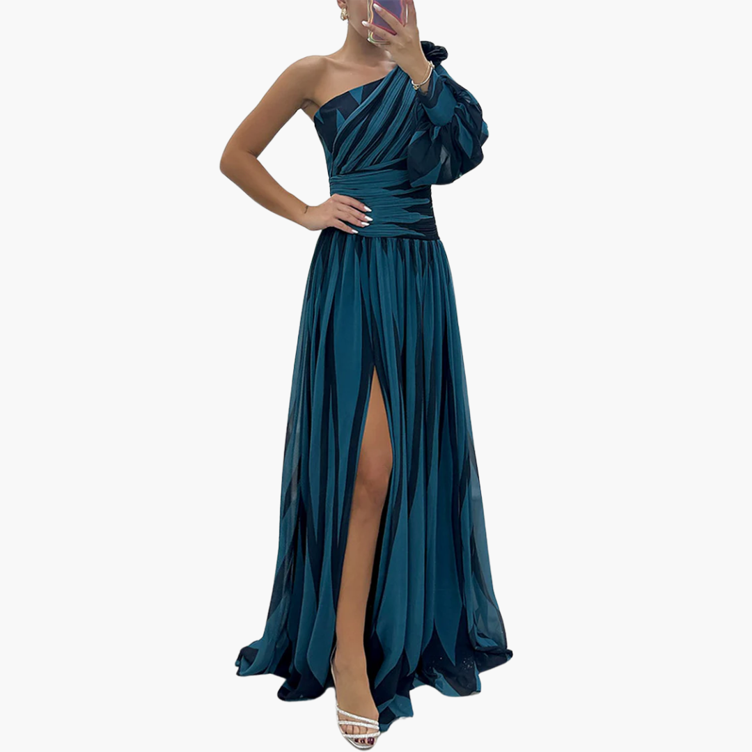 Susan - Ein-schultriges - Print Puff Ärmel Maxi Kleid mit Schlitz