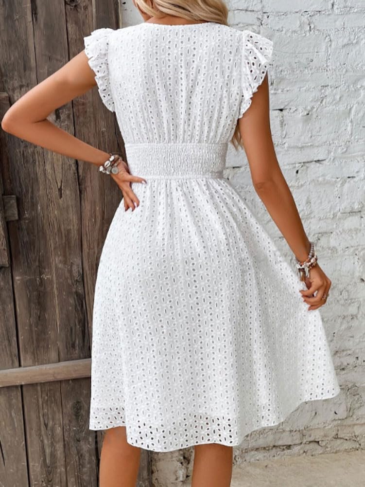 Adeline Robe Midi Femme Été – Robe Broderie Anglaise Col V avec Manches Volants & Taille Smockée