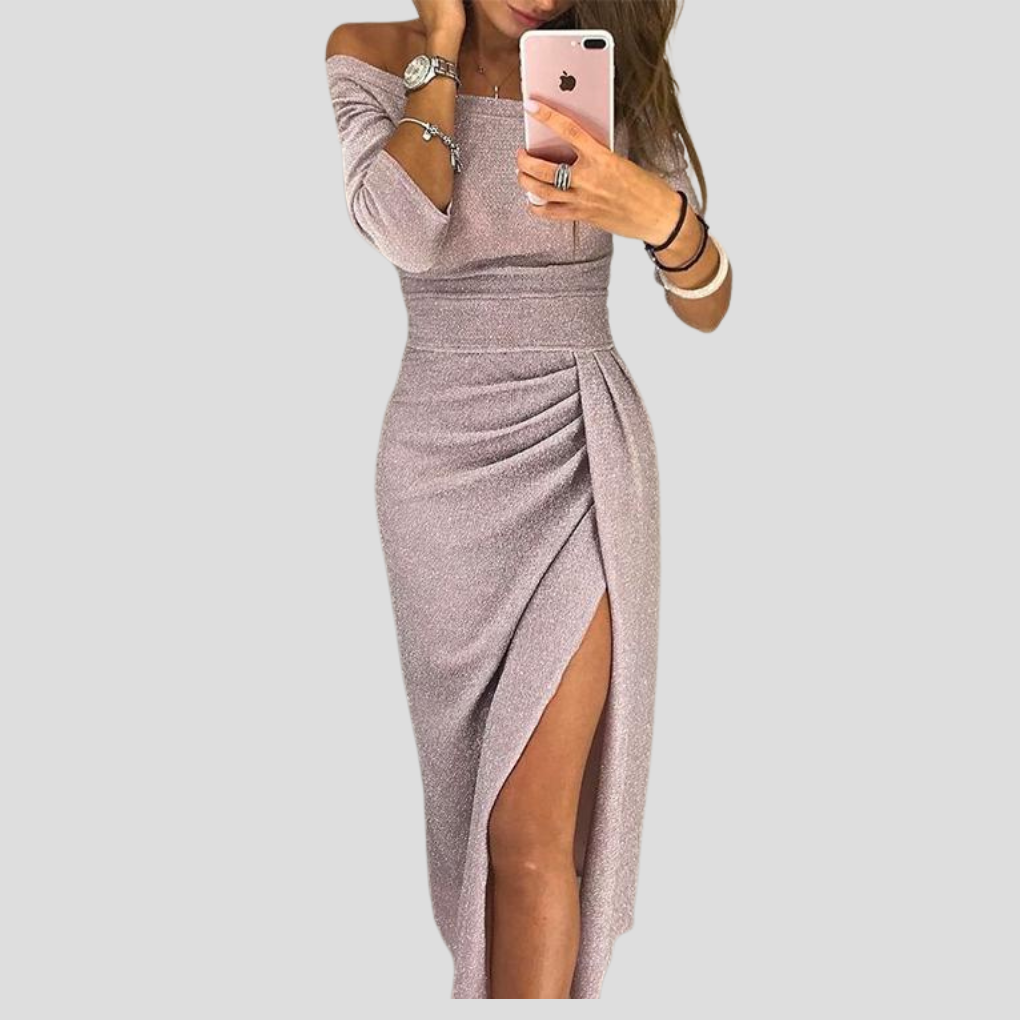 Sienna | Women’s Off-Shoulder Glitter Midi Evening Dress