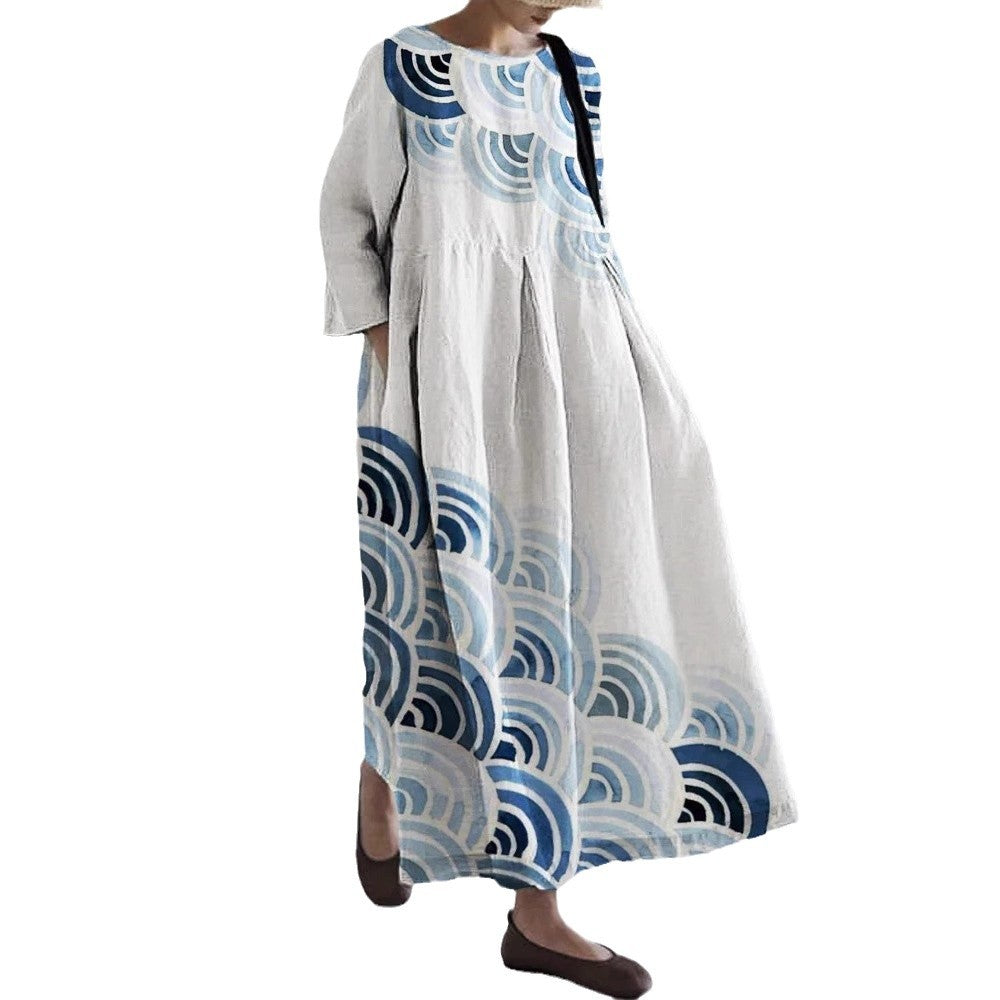 Robe Maxi Décontractée à Impression Numérique pour Femme – Col Rond Évasé avec Poches