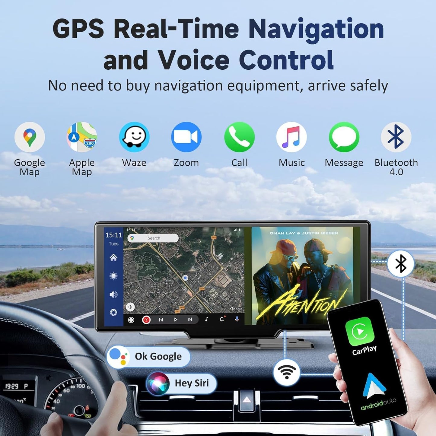 DashSight® Duo by JV Auto – Dash Cam, Rear Cam, & Touch Screen Infotainment System | 4K UHD Front & 1080P FHD Rearview Camera | Wireless & Wired Apple CarPlay & Android Auto