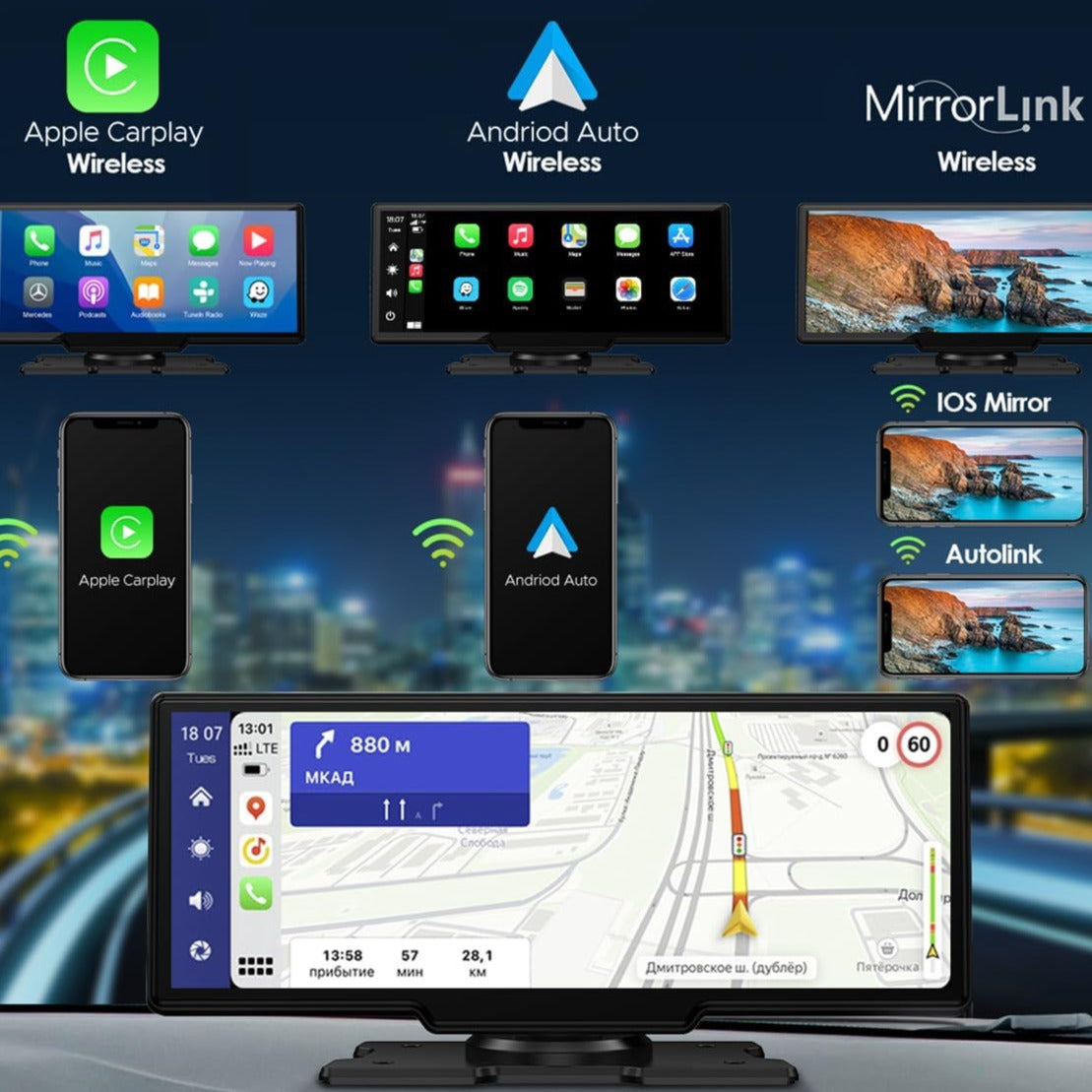 DashSight® Duo by JV Auto – Dash Cam, Rear Cam, & Touch Screen Infotainment System | 4K UHD Front & 1080P FHD Rearview Camera | Wireless & Wired Apple CarPlay & Android Auto