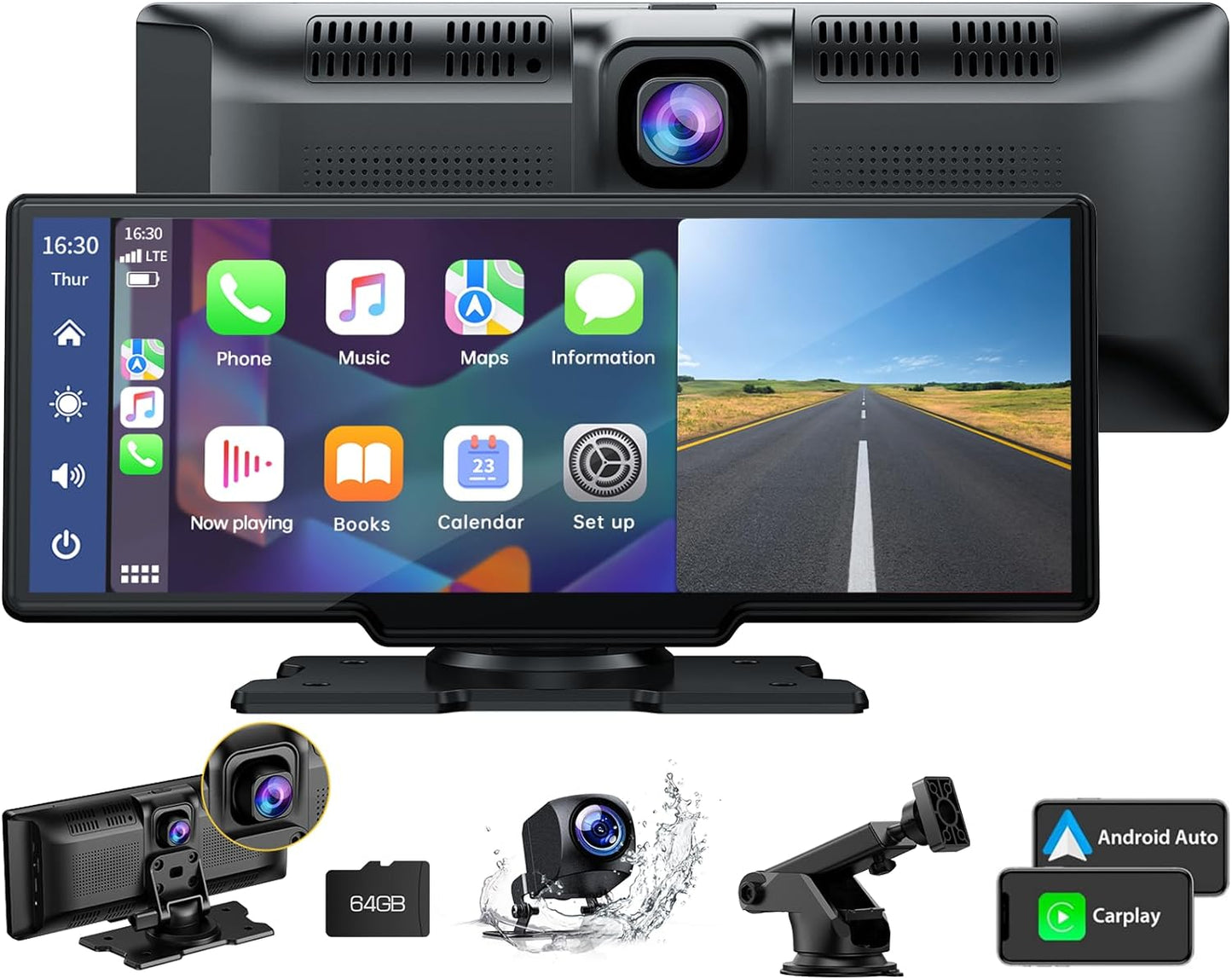 DashSight® Duo by JV Auto – Dash Cam, Rear Cam, & Touch Screen Infotainment System | 4K UHD Front & 1080P FHD Rearview Camera | Wireless & Wired Apple CarPlay & Android Auto