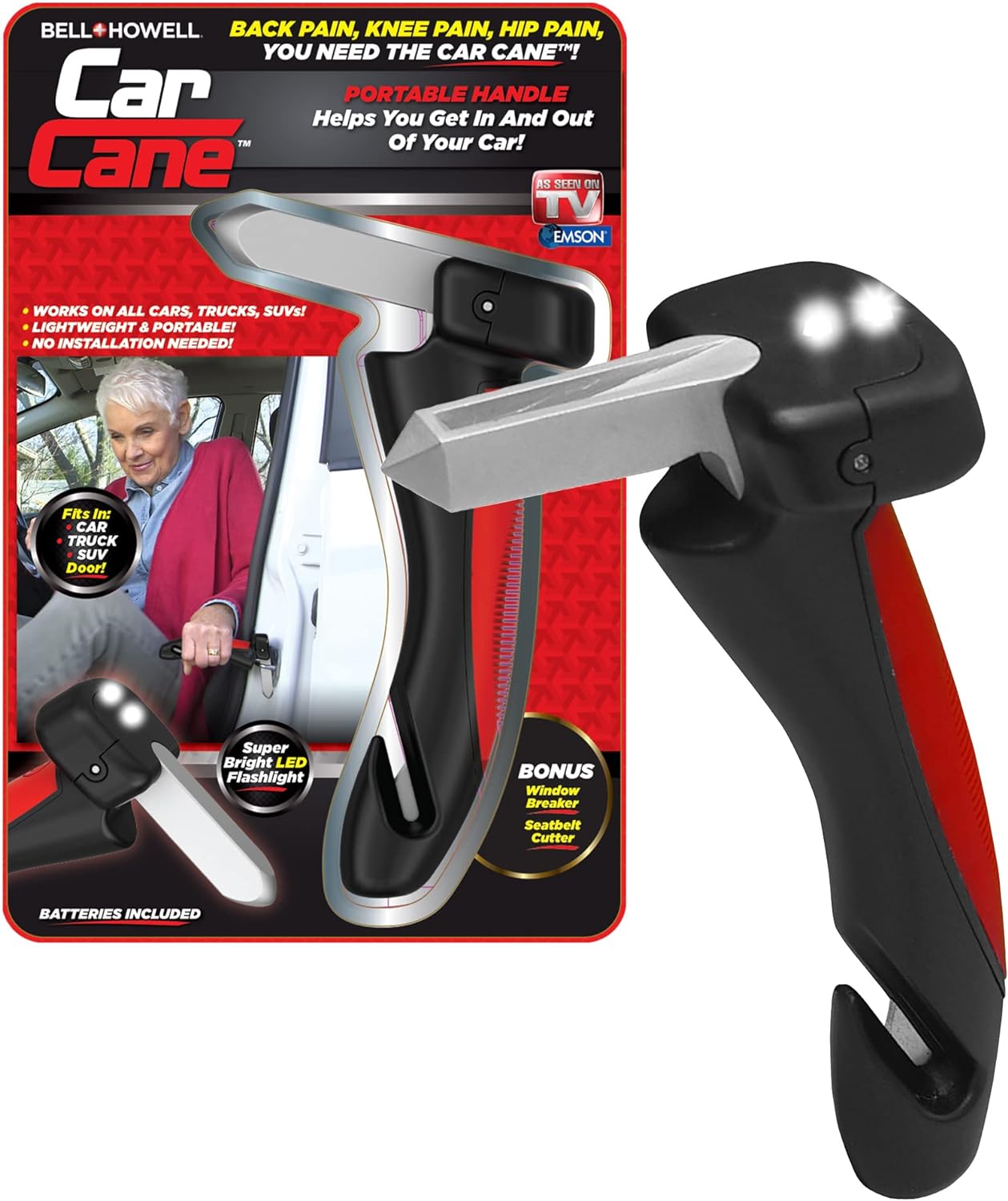 CarCane® - Made in the USA by JesseVance NY: Portable Safety Door Handle Bar with Flashlight, Seatbelt Cutter, & Window Breaker