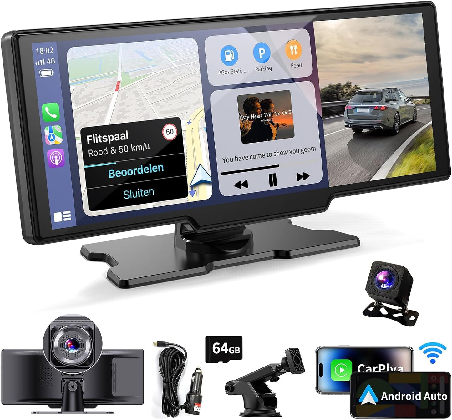 DashSight® Duo by JV Auto – Dash Cam, Rear Cam, & Touch Screen Infotainment System | 4K UHD Front & 1080P FHD Rearview Camera | Wireless & Wired Apple CarPlay & Android Auto