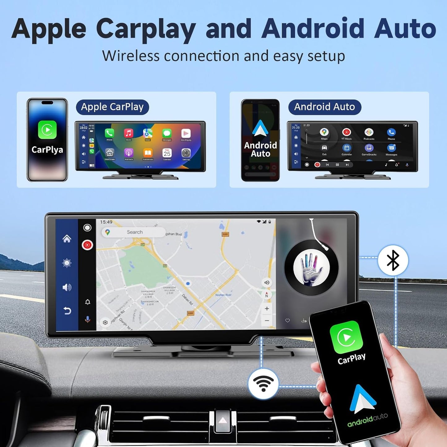 DashSight® Duo by JV Auto – Dash Cam, Rear Cam, & Touch Screen Infotainment System | 4K UHD Front & 1080P FHD Rearview Camera | Wireless & Wired Apple CarPlay & Android Auto