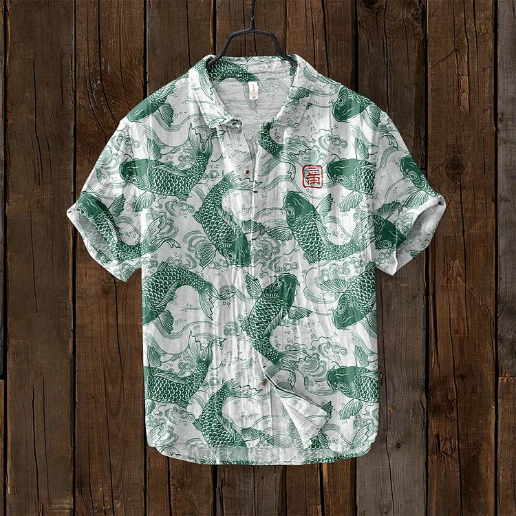 Vintage Vis Japanse Kunst Linnen Blend Shirt