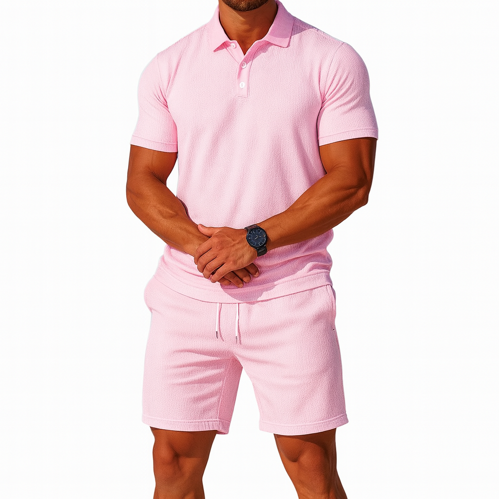 Men's Knit Polo and Shorts Set Linen Blend Co-ord Two Piece Outfit